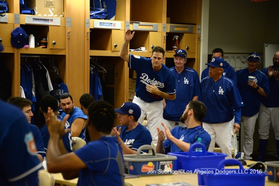 Los Angeles Dodgers Jamey Wright is introduced to the team