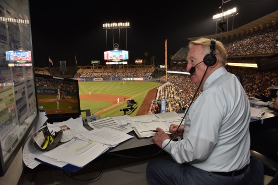 Vin Scully in the booth at Dodger Stadium, earlier this month. (Jon SooHoo/Los Angeles Dodgers)